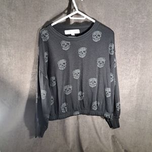 Vintage Havana Black Grey Smiling Skulls Cropped Lightweight Sweatshirt VG M